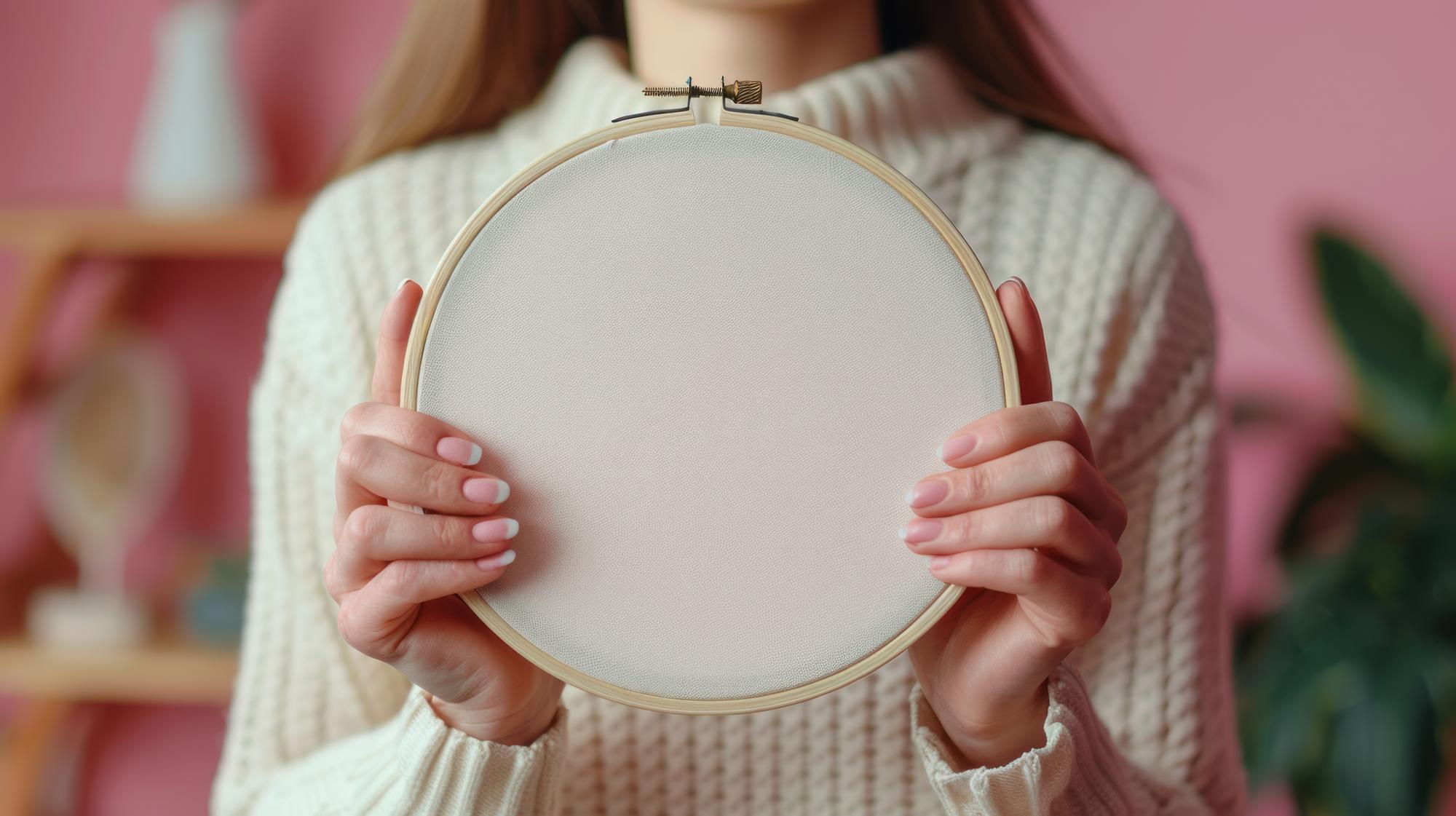 Hand holding embroidered hoop