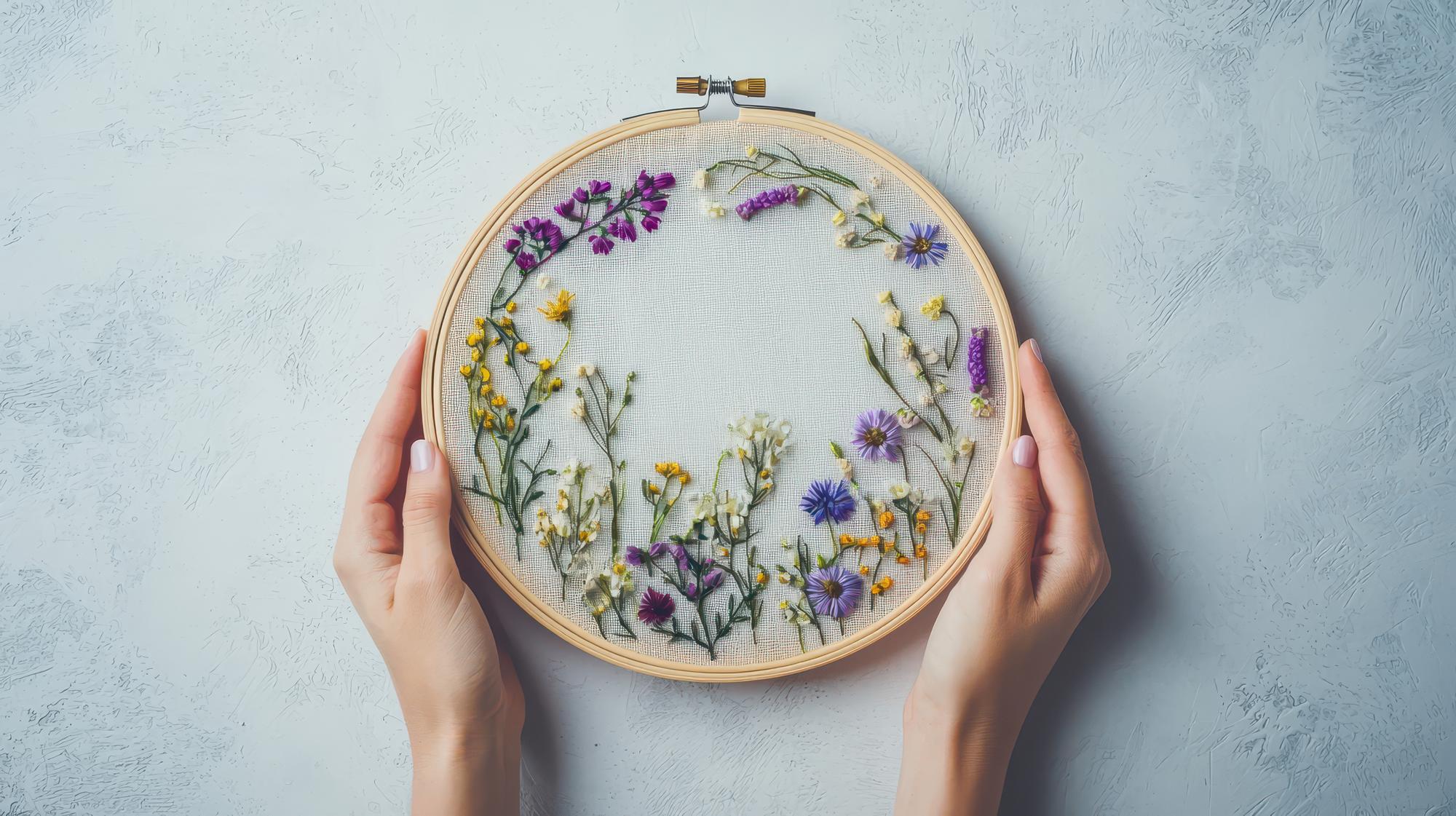 Artist embroidering colorful floral patch on hoop
